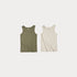 Two tank tops, one green and one beige, on a white background